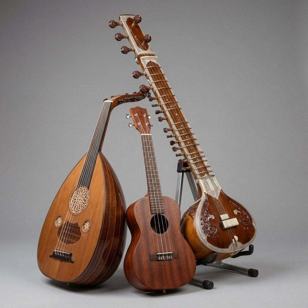 Three world and folk string instruments - Oud, ukulele, sitar